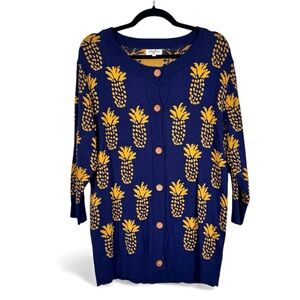 Papa Loves Blue Yellow Pineapple Knit Cardigan Sweater Womens L Preppy Buttons